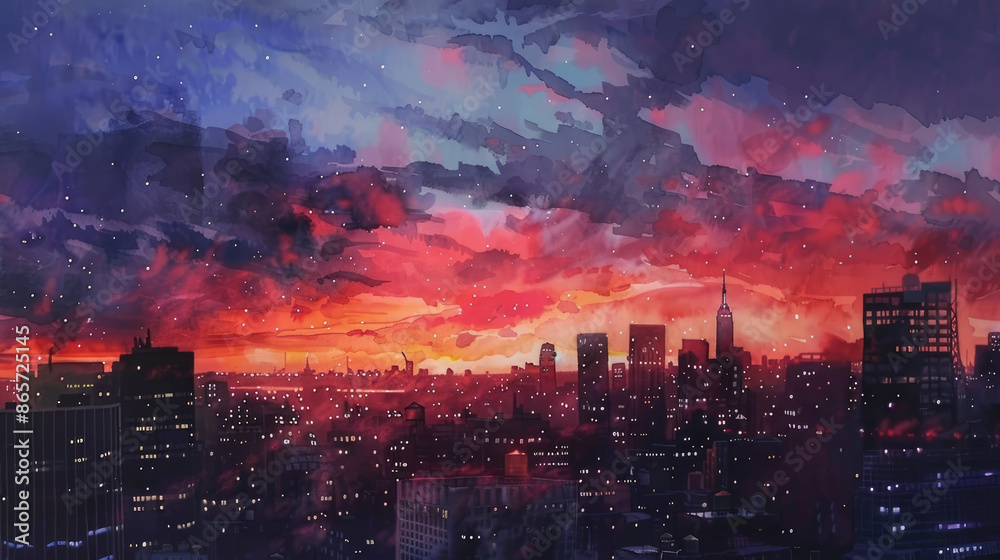 Fototapeta premium Vibrant Urban Sunset Skyline with Dramatic Clouds and City Lights