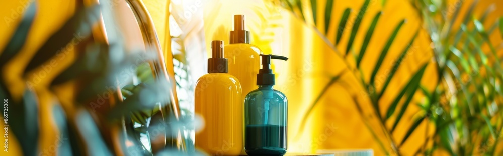 Colorful Cosmetic Bottles with Greenery