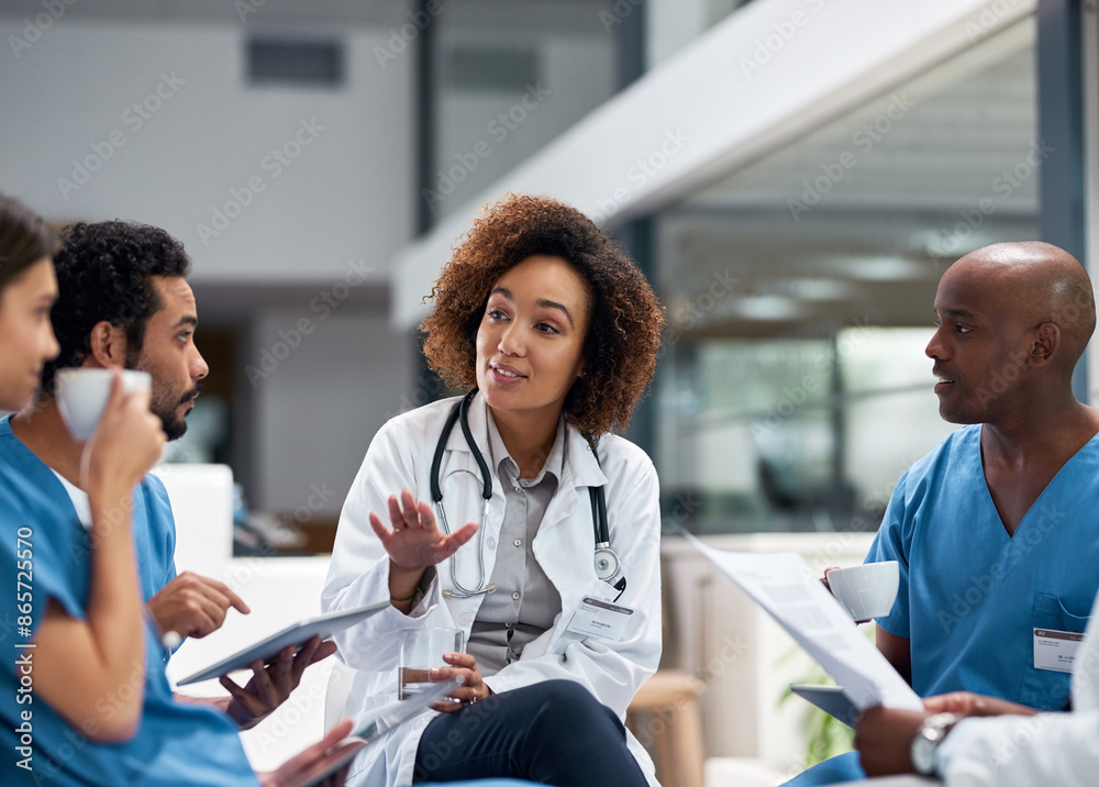 Fototapeta premium Medical, team and doctors for healthcare in clinic, collaboration and mentor for internship. Employees, communication and support for surgery agenda, solidarity and training for diagnosis treatment