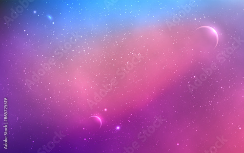 Planets in space. Beautiful galaxy background. Realistic cosmic clouds. Color starry nebula. Fantastic universe wallpaper. Outer space poster. Vector illustration.