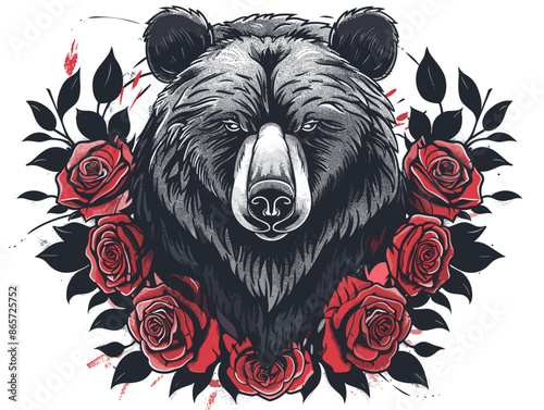 A bear with a black face and red roses surrounding it. The bear has a menacing look on its face