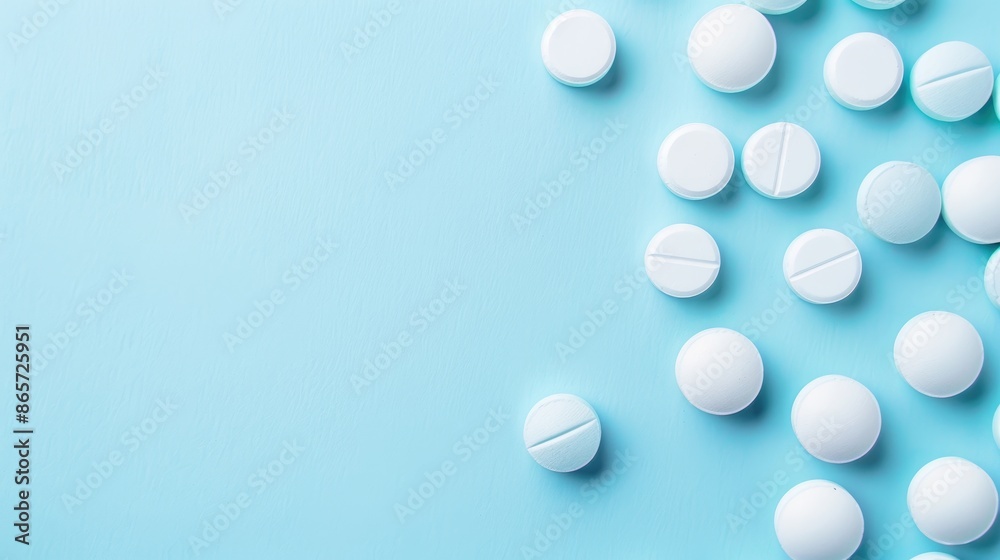 Medical pills on blue background macro photo with space for text Medical pills on blue background macro photo with space for text