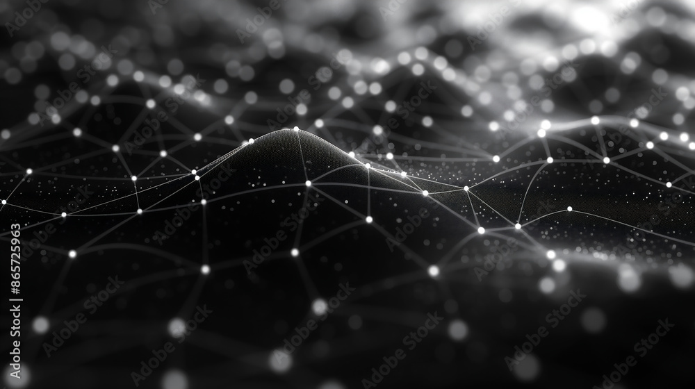 © MCGORIE - Black and white background of digital network connections with data flowing between nodes.