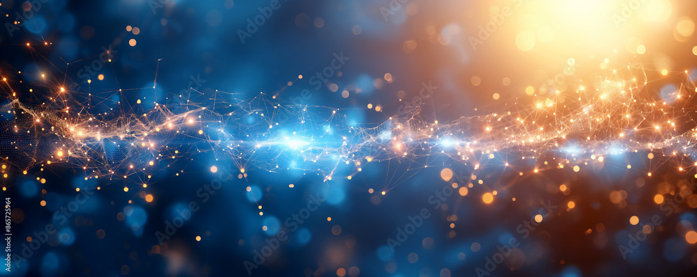 Obraz premium Abstract technology blue background with white geometric shapes and connection lines, AI concept of digital network technology.