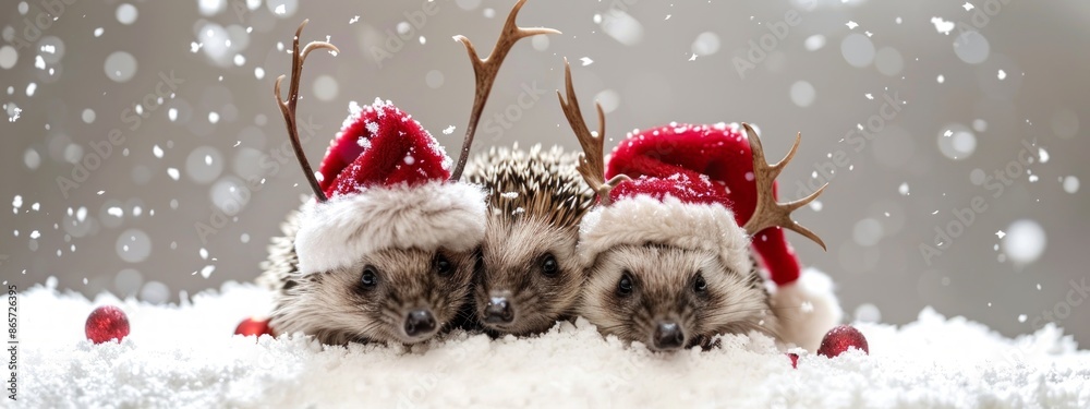 Hedgehogs with reindeer antlers and Santa hat in snow. Concept of winter animals, holiday season, Christmas, festive decoration