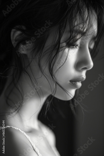 Depressed Woman With Long Dark Hair Looking Down in Black and White