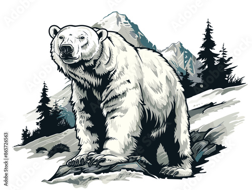 A bear is standing on a rock in a snowy mountain. The bear is looking at the camera and he is happy