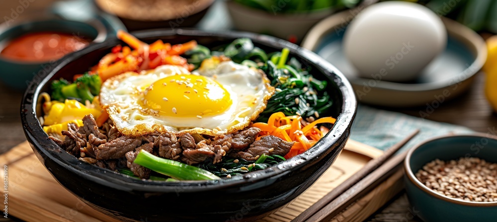 Traditional Korean dish bibimbap with fried egg, beef, vegetables. Traditional Korean dish bibimbap with fried egg, beef, vegetables.