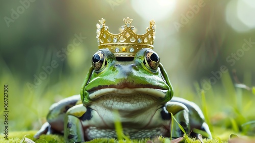 A green frog wearing a gold crown sits in a bed of green grass.
