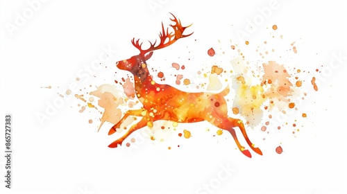 Colorful watercolor silhouette of a leaping reindeer surrounded by abstract splashes. Concept of wildlife, nature, artistic design, festive imagery photo