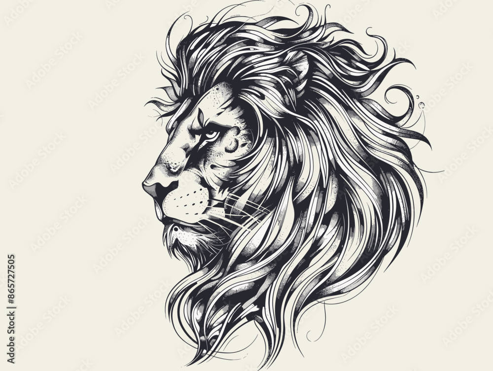 A lion with a fierce look on its face. The lion is depicted in black and white. The lion's mane is long and flowing, giving it a majestic appearance. Concept of strength and power
