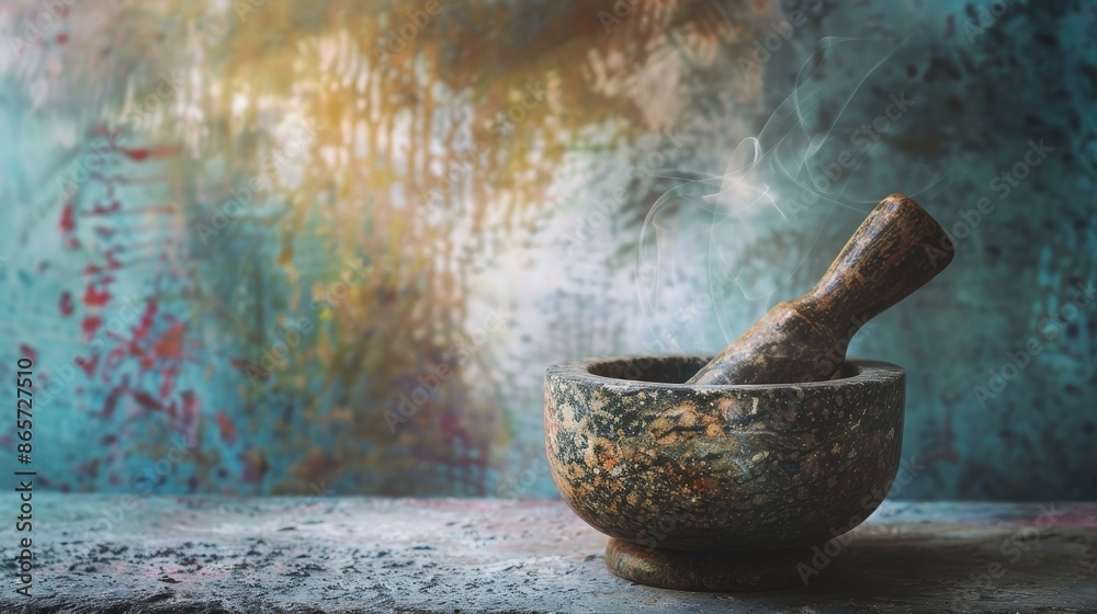 Blurry abstract background featuring mortar and pestle Blurry abstract background featuring mortar and pestle