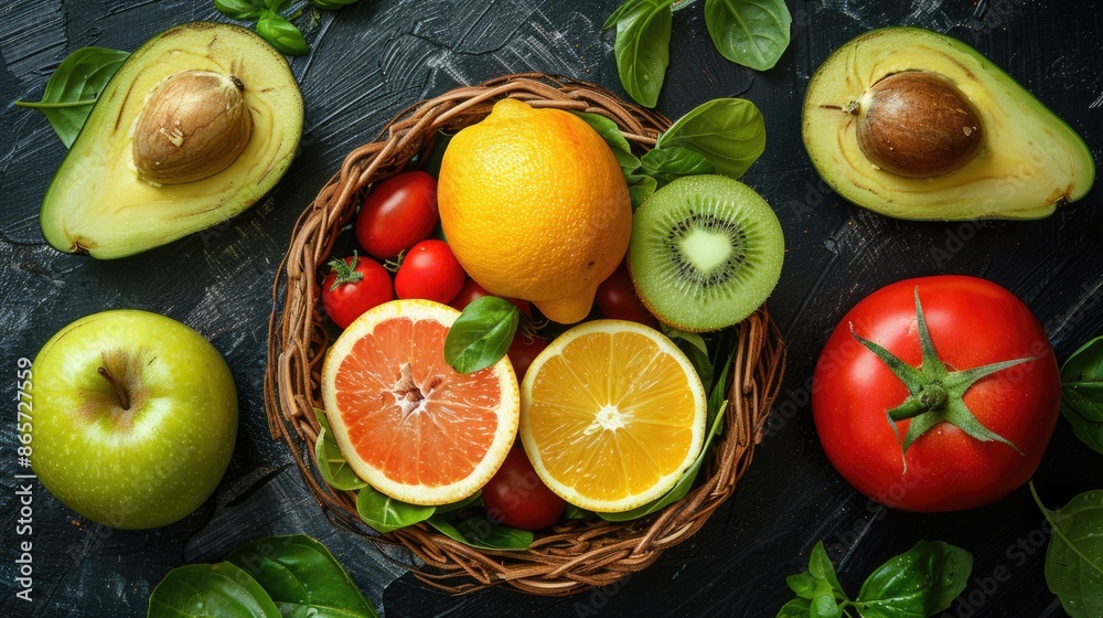 top view picture of fresh and healthy fruits with apple, tomato, orange, lime organic fruit together in a wooden basket. top view picture of fresh and healthy fruits with apple, tomato, orange, lime organic fruit together in a wooden basket.
