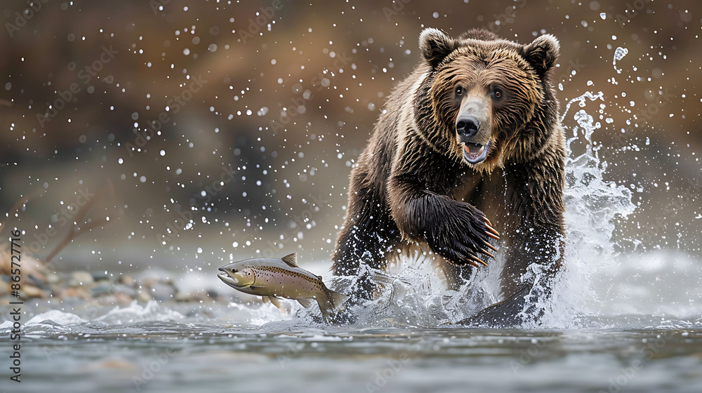 grizzly bear catching salmon rushing river showcasing raw power of nature wildlife grizzly bear catching salmon rushing river showcasing raw power of nature wildlife
