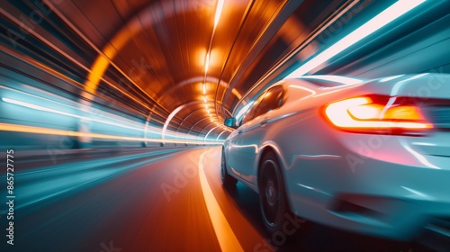 A white sedan speeds through a city tunnel at night, with blurred lights and the rear of the car in focus. © Pro Hi-Res