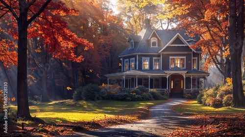 beautiful autumn landscape with a cozy American wooden house surrounded by magical colorful trees and a path leading to the entrance covered with fallen leaves. Generative ai