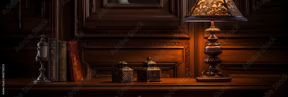 An Artfully Curated Accent Light Display Enhancing the Antique Wooden Piece in a Dimly Lit Room An Artfully Curated Accent Light Display Enhancing the Antique Wooden Piece in a Dimly Lit Room