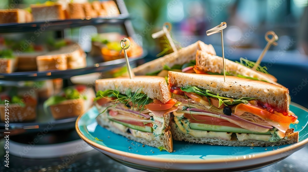 Delectable sandwiches in a vibrant blue plate adorn a desk, tempting diners with a delectable snack or meal. Delectable sandwiches in a vibrant blue plate adorn a desk, tempting diners with a delectable snack or meal.