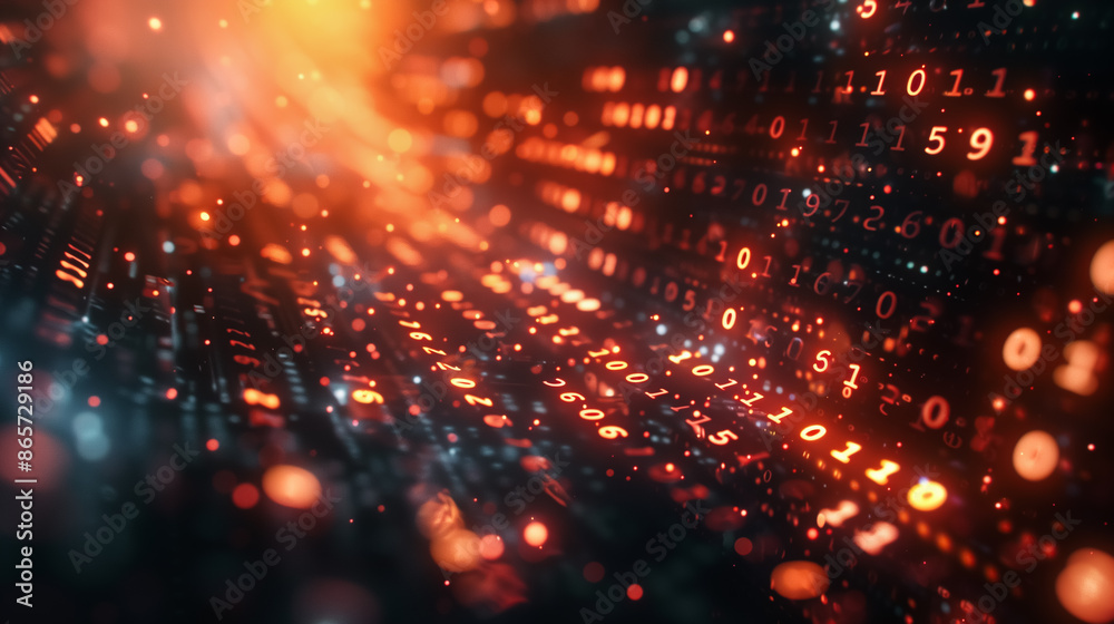 Obraz premium Abstract technology futuristic background with glowing neon lights and numbers. Machine learning algorithms illustration.