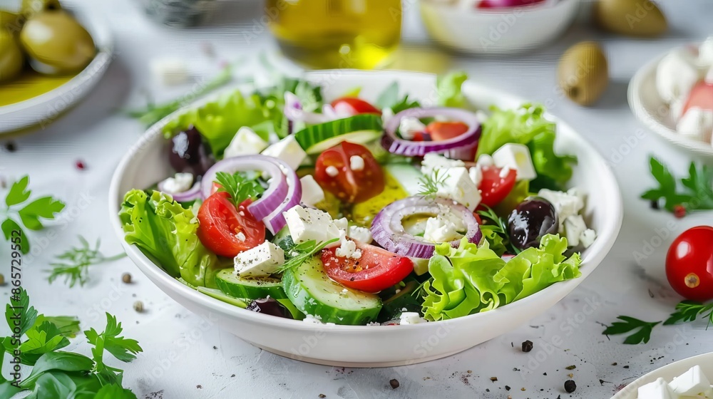 Enjoy a tantalizing Greek salad with fresh vegetables, drizzled in olive oil. This Mediterranean delight is served on a white table with a variety of healthy ingredients. Enjoy a tantalizing Greek salad with fresh vegetables, drizzled in olive oil. This Mediterranean delight is served on a white table with a variety of healthy ingredients.