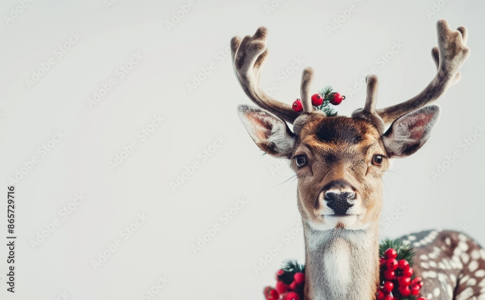 Adorable deer adorned with festive wreath and antlers. Concept of holiday animal, Christmas decoration, winter festivity, seasonal celebration Adorable deer adorned with festive wreath and antlers. Concept of holiday animal, Christmas decoration, winter festivity, seasonal celebration