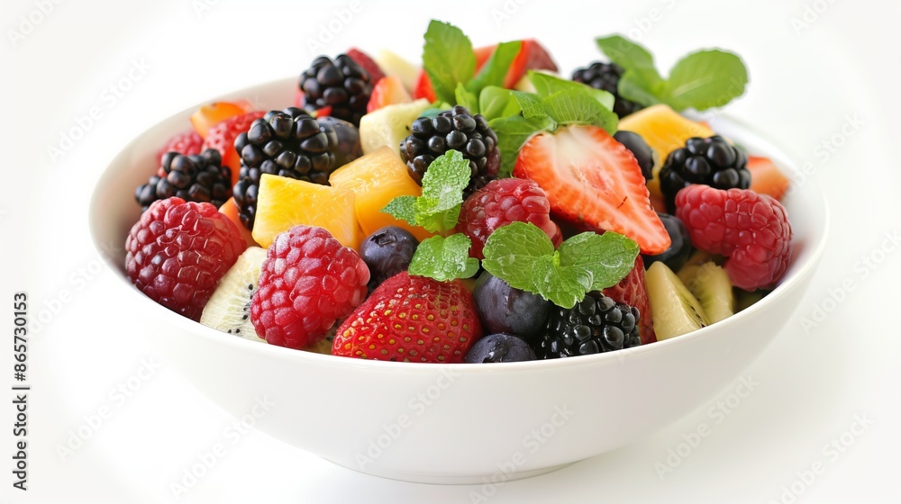 Fresh fruit salad in a white bowl on a white background. A healthy meal for the summer. Fresh fruit salad in a white bowl on a white background. A healthy meal for the summer.