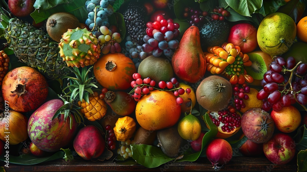 Exotic fruits from warm places are placed carefully on a table made of wood. The variety of colors and shapes make a beautiful picture of nature's gifts. Exotic fruits from warm places are placed carefully on a table made of wood. The variety of colors and shapes make a beautiful picture of nature's gifts.