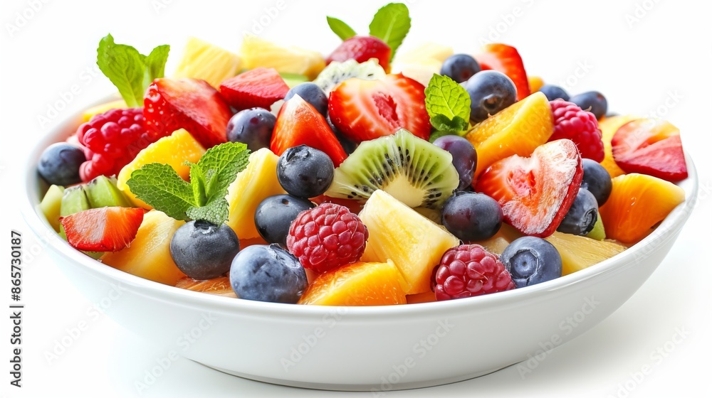 Fresh fruit salad in a white bowl on a white background. A healthy meal for the summer. Fresh fruit salad in a white bowl on a white background. A healthy meal for the summer.