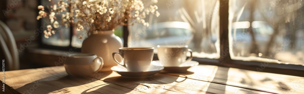 Cozy cafe with cups and vase of flowers Cozy cafe with cups and vase of flowers