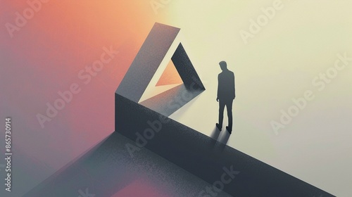 Surreal scene illustration of a man walking on path toward triangle shape entrance to an open world.