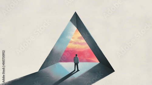 Surreal scene illustration of a man walking on path toward triangle shape entrance to an open world.