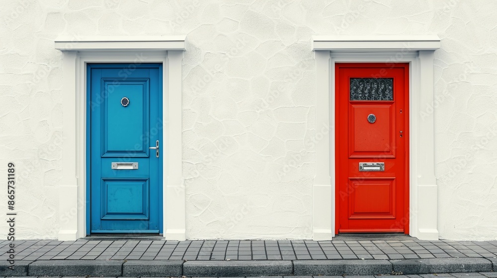 Blue door red door, isolated on white wall, concept of choose from two options, democracy or republic, male or female, cold or hot. Blue door red door, isolated on white wall, concept of choose from two options, democracy or republic, male or female, cold or hot.