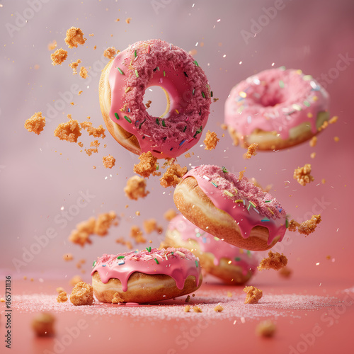 Pink donuts with icing, flying photo