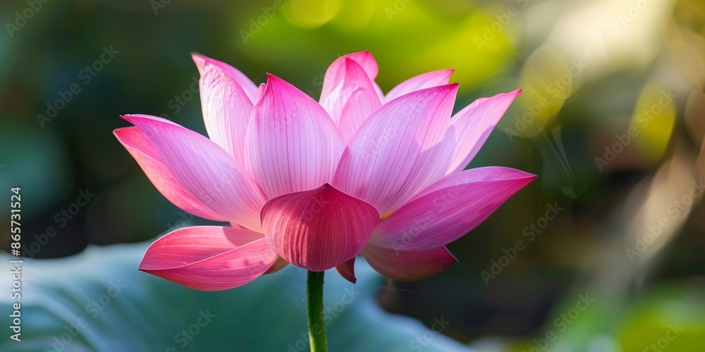 Obraz premium Lotus peaceful zen background, close up of pink lotus flowers on green big lotus leaves on blurred background with copy space, summer meditation Chinese Japanese zen spa style backdrop.