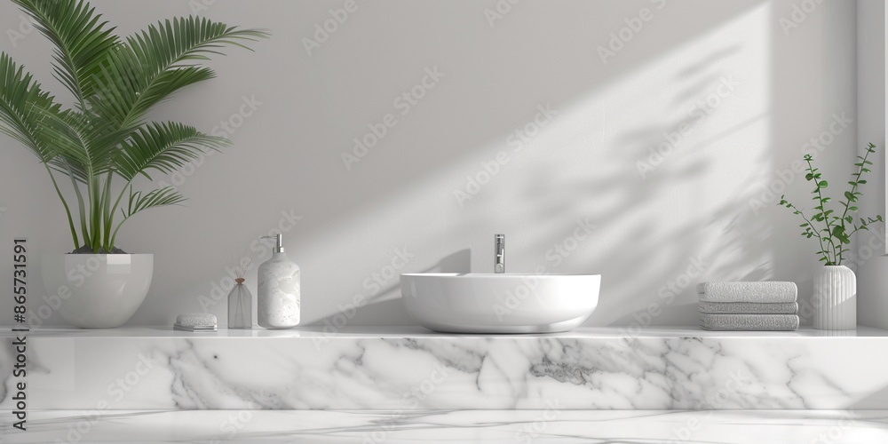 Fototapeta premium Elegant stylish white bathroom interior with marble clean white counter top and ceramic washing basin and steel sink, for luxury modern interior design backgrounds.