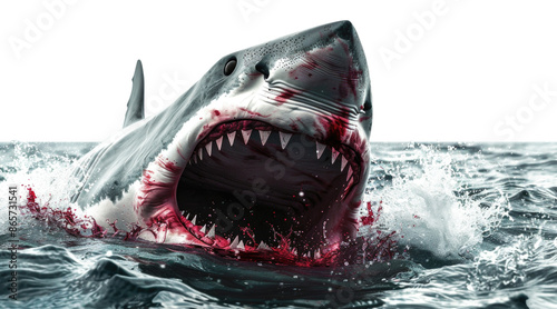 A shark with bloody jaws swimming in ocean isolated on transparent background. photo