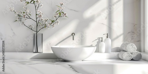 Elegant stylish white bathroom interior with marble clean white counter top and ceramic washing basin and steel sink, for luxury modern interior design backgrounds.