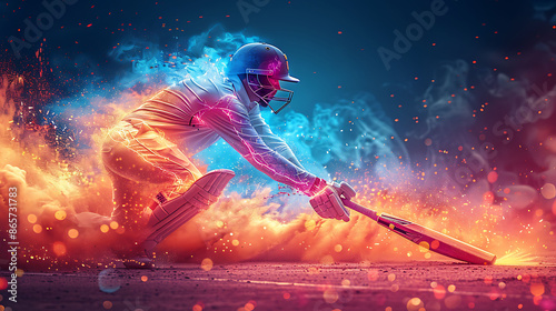 Cricket player in a detailed depiction using resistance bands with glowing xray elbows vibrant colors representing recovery from tennis elbow
