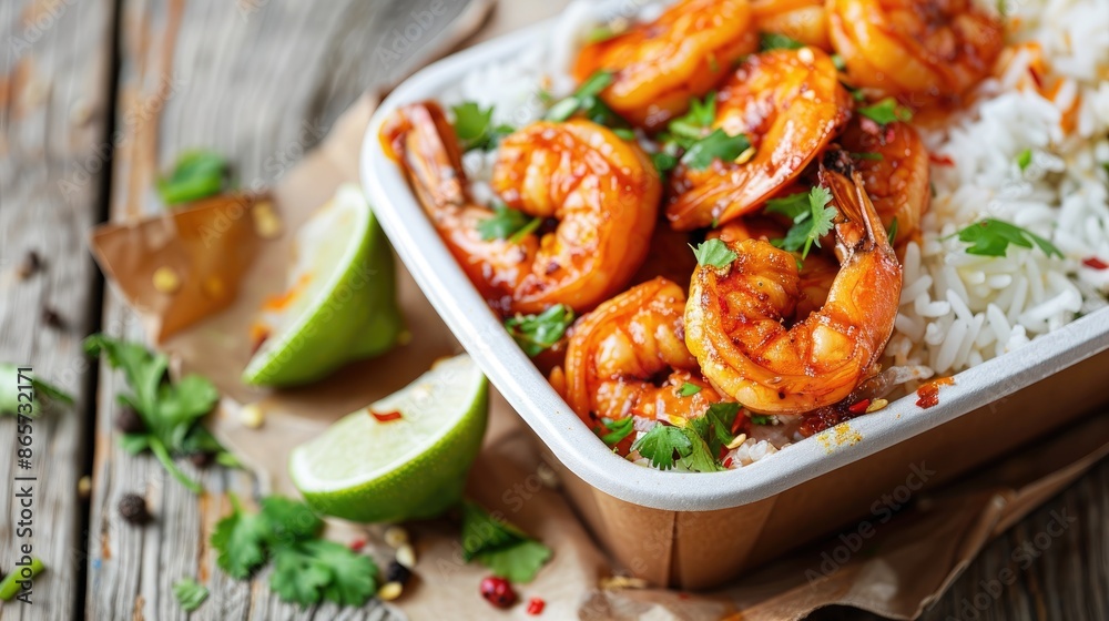 Shrimp cooked in oil with steamed white rice and lime in a takeout container placed on a wooden surface Shrimp cooked in oil with steamed white rice and lime in a takeout container placed on a wooden surface