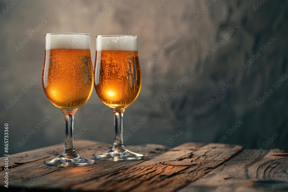 Two glasses full of beer on weathered wooden table with black and gray background