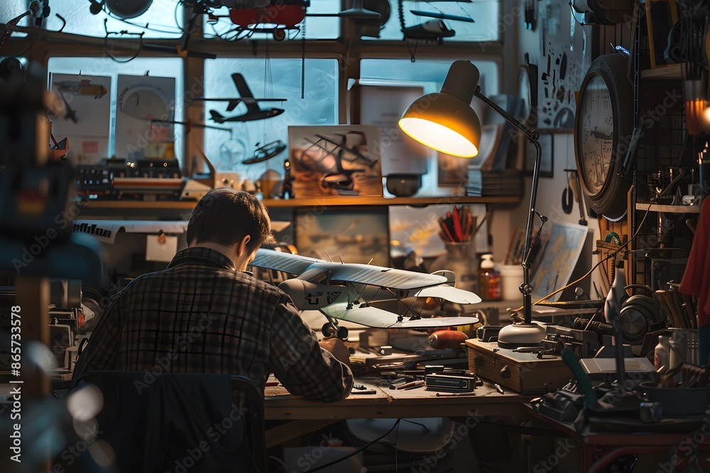 A Man Working on a Model Airplane in a Workshop A Man Working on a Model Airplane in a Workshop