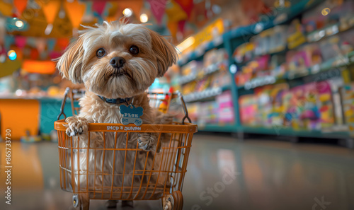 Gorgeous Shih Tzu, a brown and white fluffy puppy in a basket with a background of an animal store