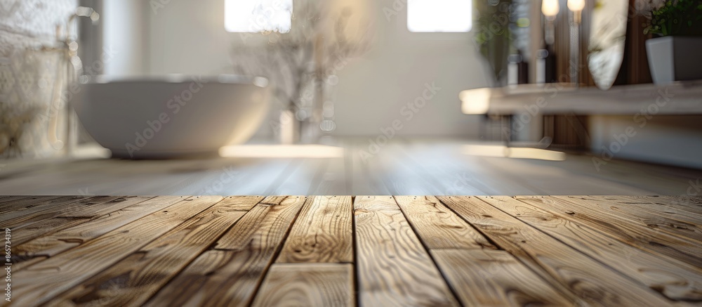 Wooden table on blurred bathroom backdrop, essential design focal arrangement Wooden table on blurred bathroom backdrop, essential design focal arrangement