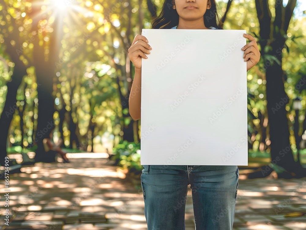 Young woman holding blank white sign in park, mockup for protest, announcement or message. Copy space for advertisement, text and design. Young woman holding blank white sign in park, mockup for protest, announcement or message. Copy space for advertisement, text and design.
