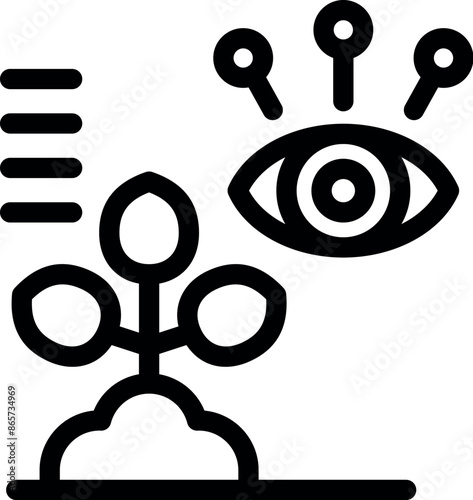 Line icon of a plant growing, being monitored by an eye, representing data analysis in agriculture