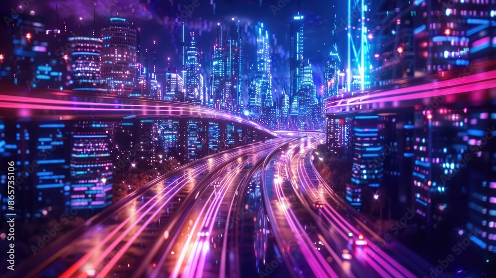 Greased light on high speed highway of night city