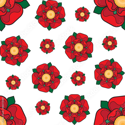 Red Rose of Lancaster Seamless Pattern Vector Illustration - Floral Heraldic Emblem of England