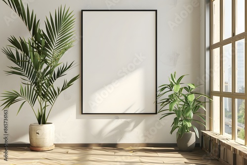 Blank poster mockup in modern interior with plants, sunlight, and wooden floor.  © AgungRikhi