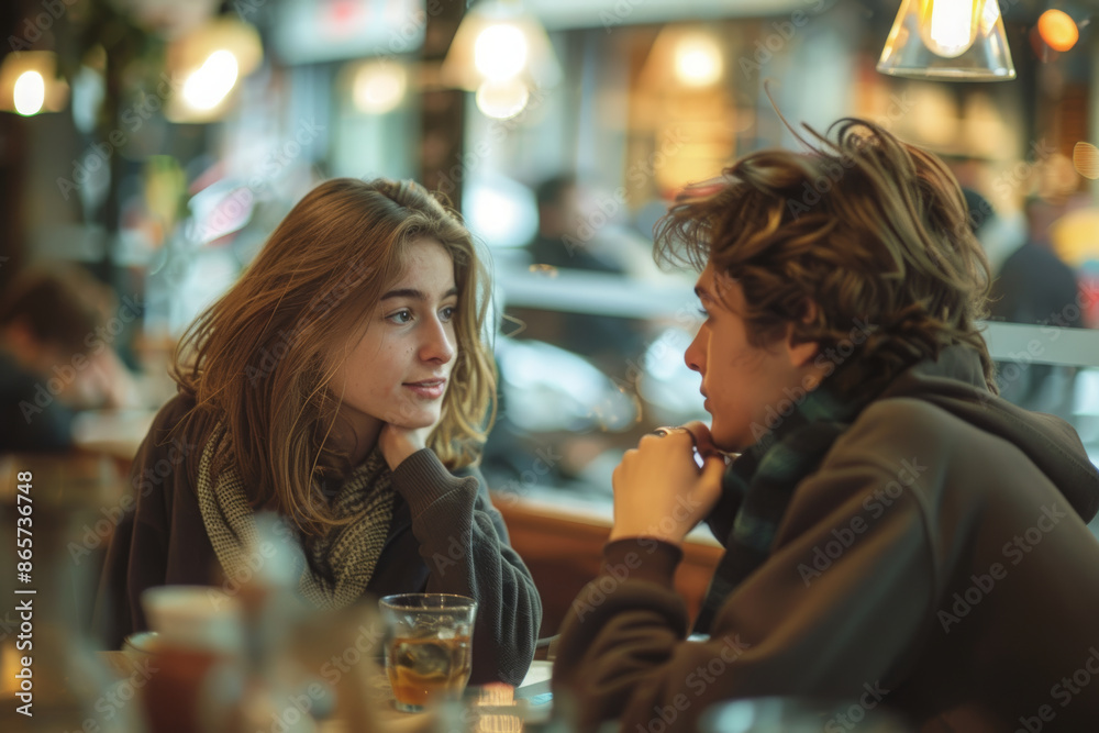 A photo of two young people talking in an urban restaurant, all dressed casually. The scene captures their conversation as they look at each other, both seated across from one another. A photo of two young people talking in an urban restaurant, all dressed casually. The scene captures their conversation as they look at each other, both seated across from one another.
