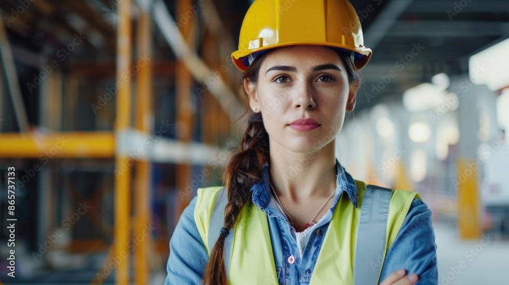 Successful woman engineer in helmet at construction site portrait. Successful woman engineer in helmet at construction site portrait.
